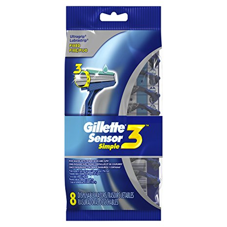 Gillette Sensor3 Simple Men's Disposable Razors, 8 Count, Mens Razors / Blades