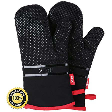 DEIK Oven Mitts, Non-slip Heat Resistant Gloves, Cooking Gloves Larger and Longer for Baking, Barbecue, Grilling, Black, 1 Pair 12.6 × 7.5 Inch