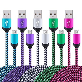 Micro USB Cable, Sicodo 5-Pack Extra Long 6FT High Speed USB 2.0 to Micro USB Nylon-Braided Fast Sync & Charging Cord for Android, Samsung Galaxy S7 S6 Edge, Note 5, HTC, Motorola, Nokia, Sony, LG