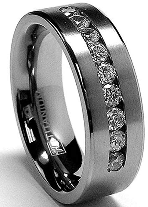 8 MM Men's Titanium ring wedding band with 9 large Channel Set Cubic Zirconia CZ sizes 6 to 15
