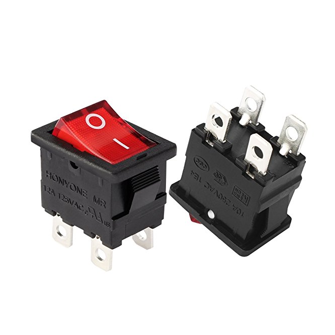 uxcell 10Pcs AC 12A/125V 10A/250V DPST 4 Pin 2 Position I/O Red Lamp Toggle LED Light Boat Rocker Switch On Off Button