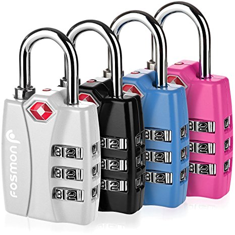 TSA Approved Luggage Locks, Fosmon (4 Pack) Open Alert Indicator 3 Digit Combination Padlock Codes with Alloy Body for Travel Bag, Suit Case, Lockers, Gym, Bike Locks - Black, Blue, Pink, and Silver