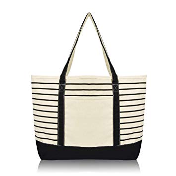 DALIX Large Stripe Tote Deluxe Shoulder Bag Cotton Canvas in Black