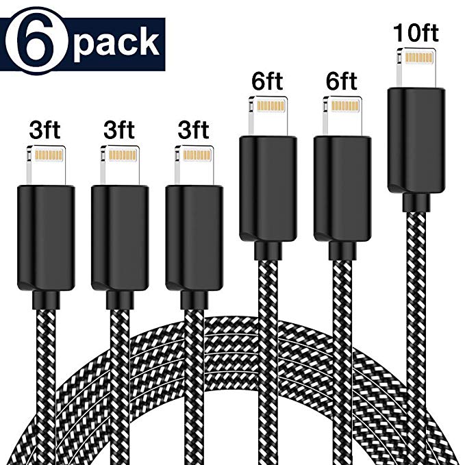TNSO MFi Certified iPhone Charger Lightning Cable 6 Pack [3/3/3/6/6/10FT] Extra Long Nylon Braided USB Charging & Syncing Cord Compatible iPhone Xs/Max/XR/X/8/8Plus/7/7Plus/6S/6S Plus/SE/iPad/Nan More