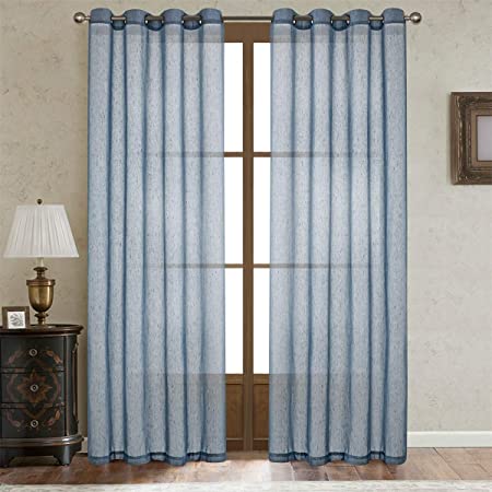Blue Linen Sheer Curtain 84 Inch Long, Grommet Top Drapes for Window Treatments Curtains for Living Room, 2 Panels 52" W x 84" L