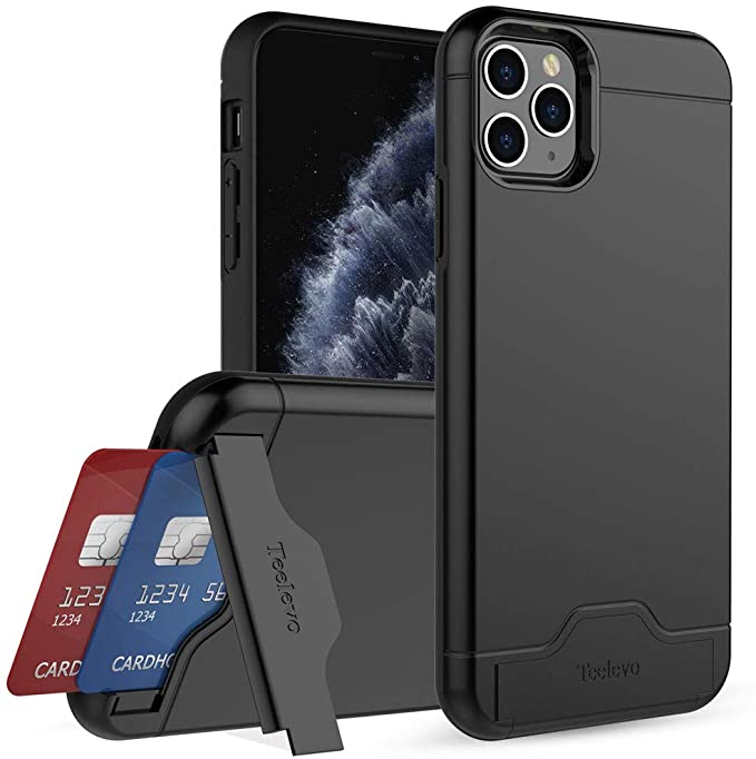 Teelevo Wallet Case for iPhone 11 Pro Max, Dual Layer Case with Card Slot Holder and Integrated Kickstand for iPhone 11 Pro Max (2019) - Black