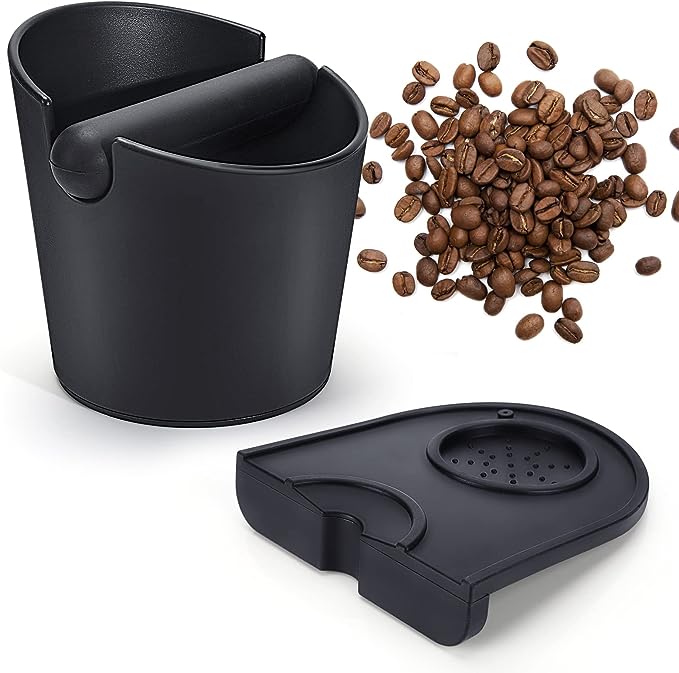 Laelr Espresso Knock Box and Espresso Tamper Mat Shock-Absorbent Knock Box with Removable Knock Bar and Non-Slip Base Food Safe Silicone Coffee Tamper Mat for Barista Bar Home Office Set of 2 Pieces