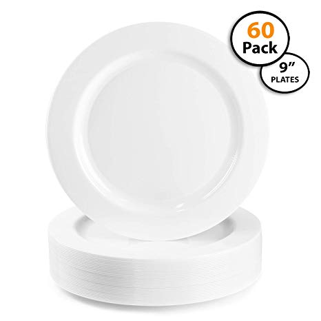 60 Pack | Quality Heavyweight Plastic Plates, Disposable, China Look, Hard Plastic Plate. Wedding and Party Dinnerware,White Pearl, 9 inch,