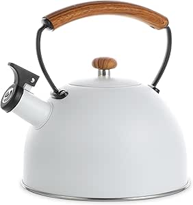 YSSOA Whistling Stovetop Tea Kettle, 3.2 Quart Stainless Steel Teapot with Cool Touch Ergonomic Handle, Hot Water Fast to Boil, White