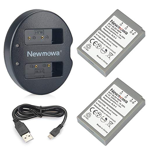 Newmowa Replacement BLS-5 Battery (2-Pack) and Dual USB Charger for Olympus BLS-5, BLS-50, PS-BLS5 and Olympus OM-D E-M10, Pen E-PL2, E-PL5, E-PL6, E-PL7, E-PM2, Stylus 1