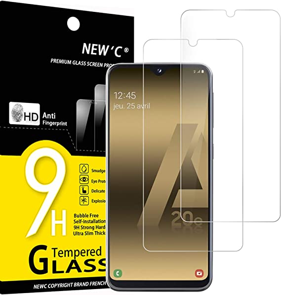 NEW'C 2 Piezas, Protector Pantalla para Samsung Galaxy A20e, Cristal Templado Antiarañazos, Antihuellas, Sin Burbujas, Dureza 9H, 0.33 mm Ultra Transparente, Ultra Resistente