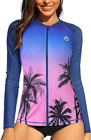 ATTRACO Women's Long Sleeve Rash Guard UV Sun Protection Zipper Gradient Swimsuit Top