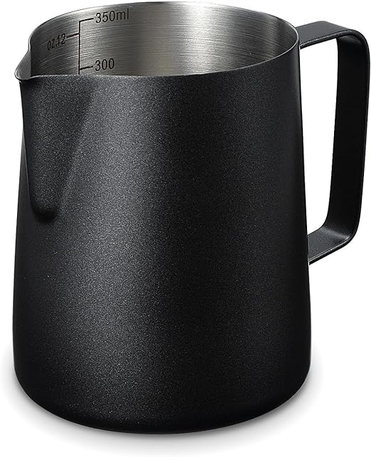 HOMEE Milk Frothing Pitcher, 12oz Stainless Steel Milk Steamer Jug with V-Shaped Spout and Teflon Coating,Barista Tool Espresso Steaming Pitcher for Kitchen Bar, Latte Art,Black