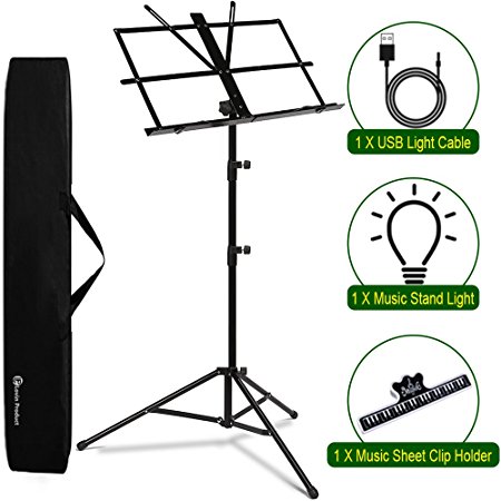 Music Stand, LOVIN PRODUCT Professional Collapsible Orchestra Portable and Lightweight with LED light, Music Sheet Clip Holder and Carrying Bag Suitable for Instrumental Performance. (1 PACK)