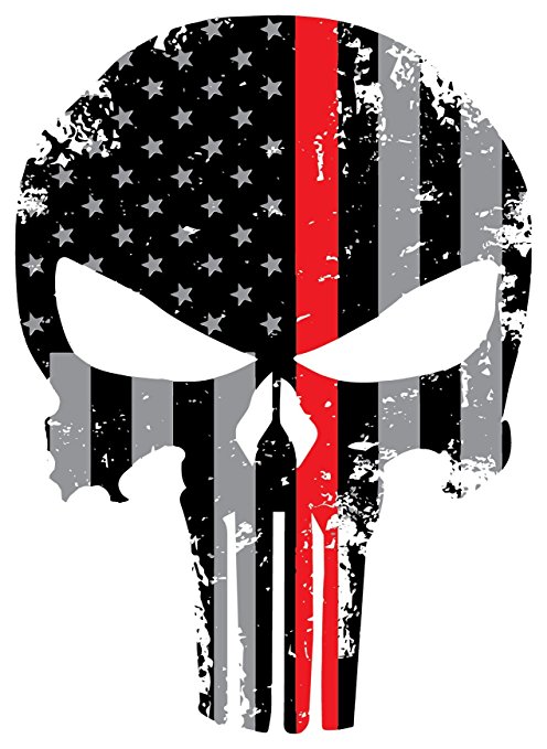 Punisher Red Line Skull 5.5 x 4 Inch Tattered Subdued Us Flag Reflective Decal Honoring Firefighters, EMT, Paramedics