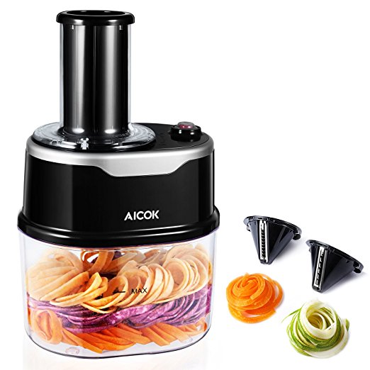 Aicok Electric Spiralizer, Vegetable Spiral Slicer, 2 Interchangeable Stainless Steel Blades, Sized for Spaghetti and Fettuccine Noodles, 1.5L Large Detachable Prep Bowl, Compact Storage, Black