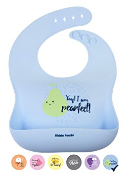 KIDDO FEEDO Waterproof Silicone Bib for Baby & Toddler - 6 Fun & Cool Designs/Colors Available - Adjustable & Foldable with a Wide Catch All Food Pouch - Easy Clean & Dishwasher Safe - BPA Free - Blue