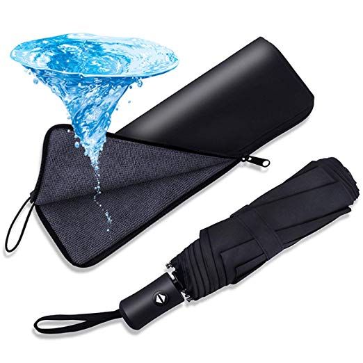 SIMENMAX Folding Travel Umbrella Compact Golf Umbrella with Water-Absorbing Storage Bag, [Automatic Open Close] [Sun Protection] [Ultra Rain & Wind Resistant] – Black