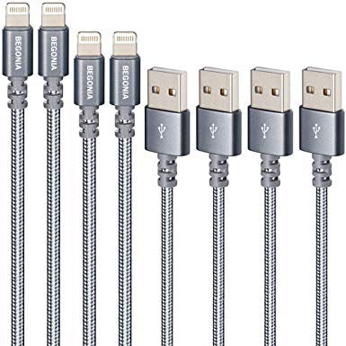 Begonia Nylon Braided USB Cable 4PACK (3FT & 6ft) Phone Charger Fast Charging Cable Cord Compatible iPhone,iPad, iPod & More (Cool Grey)