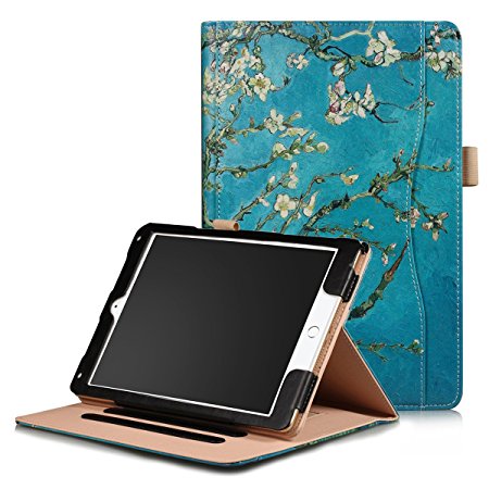 Soweiek New iPad 9.7” 2017 / iPad Air/Air 2 Folio Case - Premium Leather Flip Stand Smart Cover Auto Wake / Sleep with Hand Strap, Stylus Holder and Card Pocket, Almond Blossom