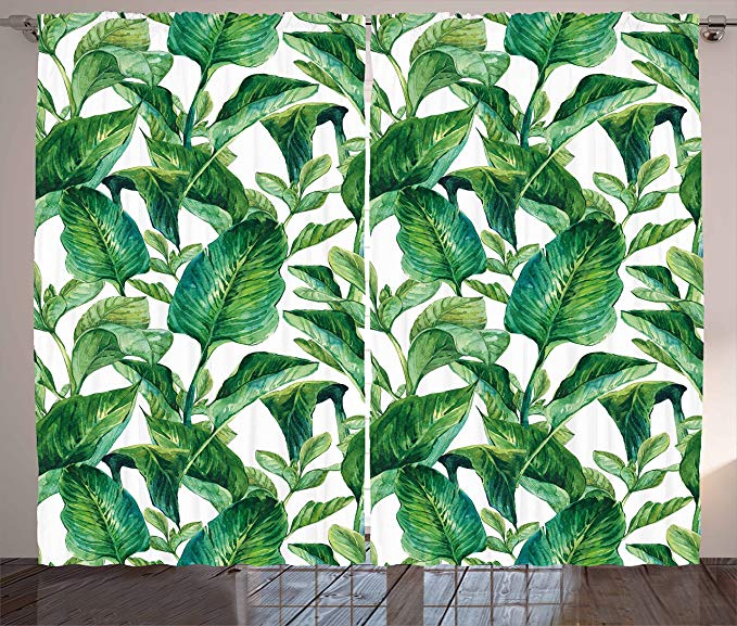 Ambesonne Leaf Curtains, Romantic Holiday Island Hawaiian Banana Trees Watercolored Image, Living Room Bedroom Window Drapes 2 Panel Set, 108 W X 63 L Inches, Dark Green and Forest Green