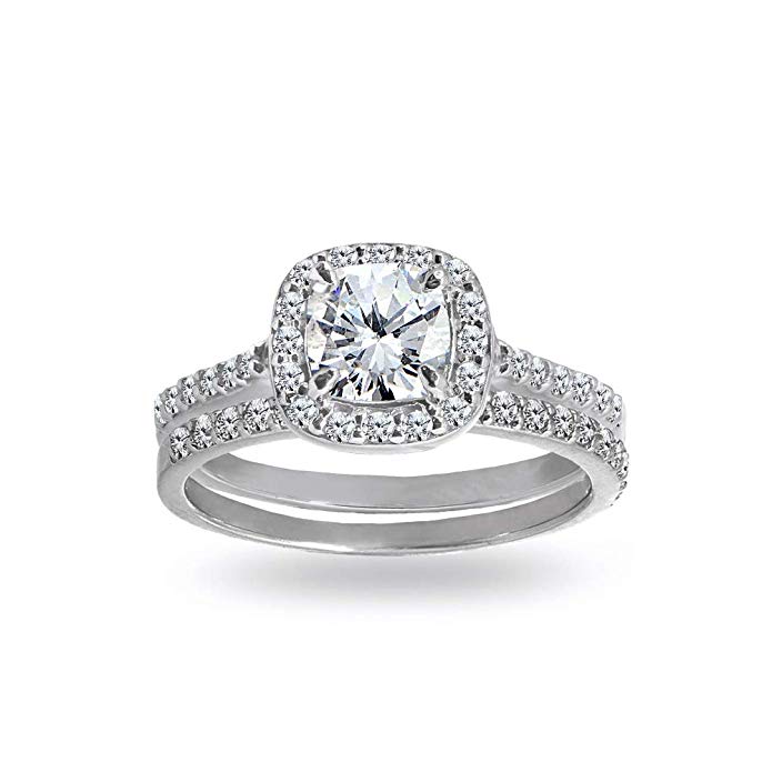 Sterling Silver Cubic Zirconia Cushion-cut Halo Bridal Wedding Band Engagement Ring Set