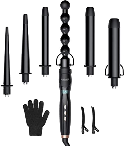 Curling Wands, BESTOPE 6 in 1 Curling Irons Hair Curler Set with 6 Interchangeable Ceramic Coating Barrels LCD Display 140℃-220℃ Temperature Control