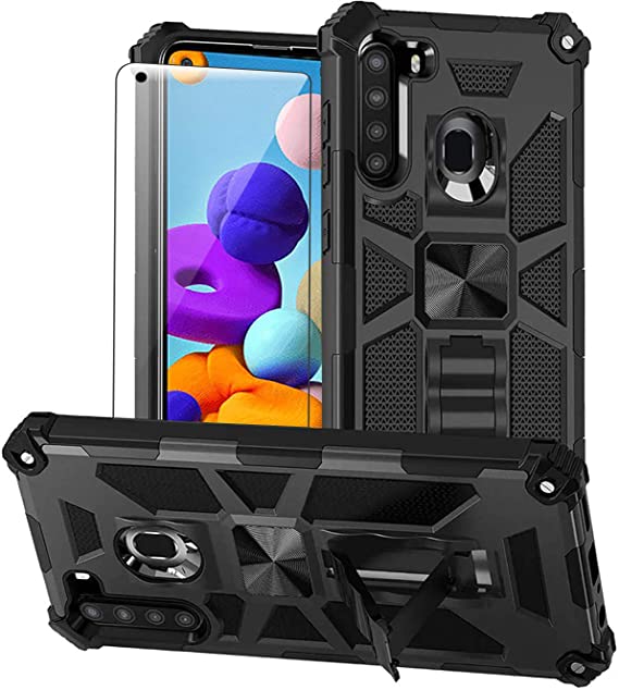 for Samsung Galaxy A21 Case with Screen Protector Samsung A21 Phone case Heavy Duty Dual Layer Silicone TPU Hard Shell Military Grade Full-Body Rugged Case with Magnetic Car Built-in Kickstand (Black)