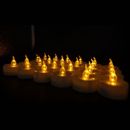 Battery Operated LED Amber Flameless Flickering Flashing Tea Light Candle (24 Pieces, Warm Yellow)