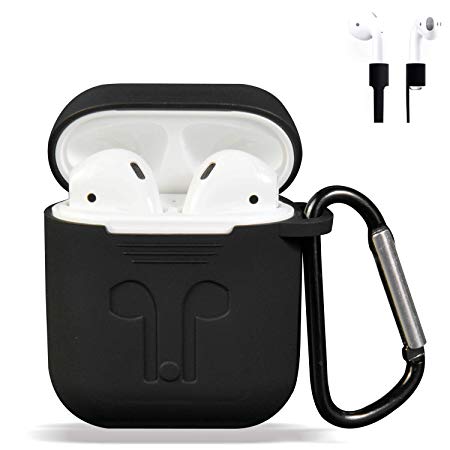 AirPods Case Cover, Silicone Protective Case and Skin for Airpods Charging Case with Airpods Anti-Lost Strap/Airpods Hooks, [Buy 1 Get 5 Accessories] (Black)