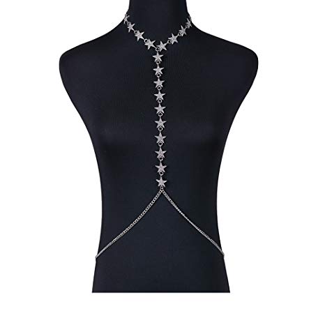 Elegant Luxury Harness Bikini Simple Choker Star Bralette Body Chains Belly Body Chain Jewelry Silver for Women Beach Accessories (Silver)