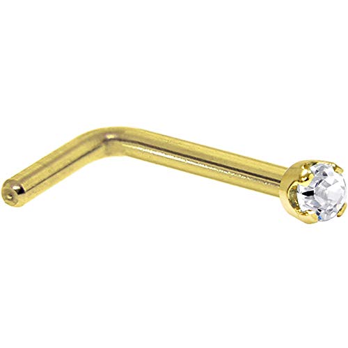 Body Candy Solid 14k Yellow Gold 1.5mm (0.015 cttw) Genuine Diamond L Shaped Nose Stud Ring 18 Gauge 1/4"