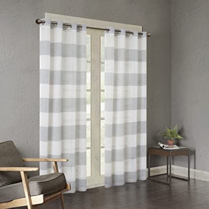 White Grey Grommet Curtain for Living Room , Mason Striped Single Window Curtain for Bedroom Family Room, Polyester Semi-Opaque Living Room Curtain , 50X84, 1-Panel Pack