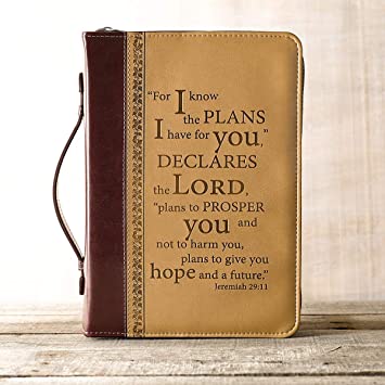 Christian Art Gifts Men's Classic Bible Cover I Know The Plans Jeremiah 29:11, Brown/Tan Faux Leather, XL