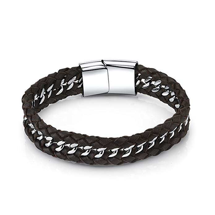Spartan Men's Black Leather Bracelet with Stainless Steel
