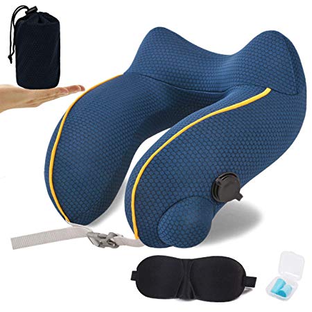 GORELOX Travel Pillow Inflatable Memory Neck Pillow for Airplane,Comfortable & Breathable Cover Machine Washable,Neck Support Pillow with 3D Contoured Eye Masks,Earplugs,Blue