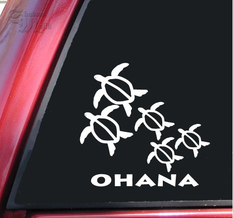 Ohana Honu Hawaiian Sea Turtle Family With 3 Babies Vinyl Decal Sticker (6" X 5.7", White)