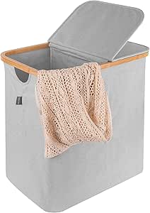 Vencier Extra-Large Bamboo Laundry Hamper with Lid - 88 L Capacity - Spacious Laundry Basket for Bedrooms and Bathrooms - Convenient Handles (Light Grey)