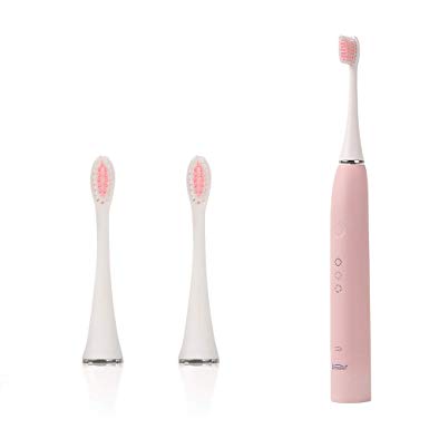 Sonic Electric Toothbrush Rechargeable for Adults, 3 Optional Modes Waterproof Electric Toothbrush with Automatic Timer & 3 Replacement Brush Heads, Wireless Charging Base (Pink)