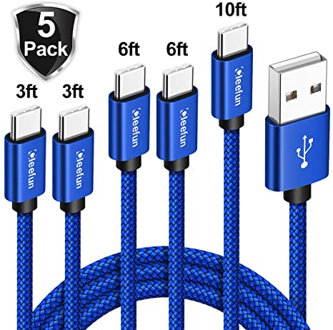 CLEEFUN 5-Pack USB Type C Charger Cable Fast Charging for Samsung Galaxy S20 S10 S9 S8 Plus S10  S9  S10E, A10e A20 A51, Note 10 9 8, Moto G7 G8, Pixel 3a XL, USB-A to USB-C Cord Nylon [3/3/6/6/10 ft]