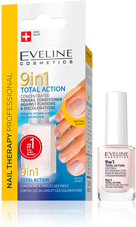 Eveline Cosmetics Toe Nail Therapy 9in1 Total Action Concentrated Nail Conditioner   Strengthener   Hardener | 12ml | Repair Treatment | Easy Application | Immediate Effects