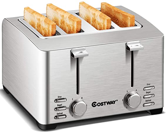 COSTWAY 4 Slice Toaster Best Prime Rated, Stainless Steel Bread Toasters with Defrost/Reheat/Cancel Function, Extra Wide Slots, Removable Crumb Tray, 1500W