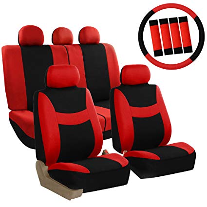 FH GROUP FH-FB030115 Combo Light & Breezy Cloth Full Set Car Seat Covers (Airbag & Split Ready), Red/Black - Fit Most Car, Truck, Suv, or Van