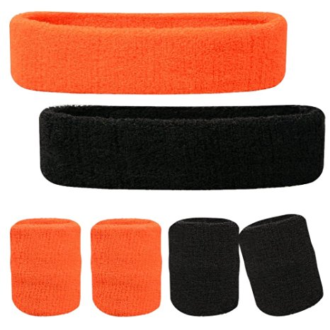 Oldhill Sweatband Set - (2 Headbands and 4 Wristbands) Thick Terry Cloth Cotton for Sports Indoor and Outdoor