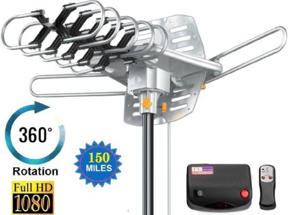 TV Antenna Outdoor Amplified - 150 Miles Range - 360 Rotation - Wireless Remote