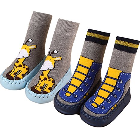 BW Non-Skid Soft Sole Slipper Socks Prewalkers For Baby boy Girl Infant Toddler 0-36 Month 2 Pairs