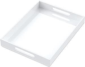 HIIMIEI Acrylic Tray, 12x16 Inches Clear Tray, Acrylic Serving Tray with Handles for Ottoman, Coffee, Appetizer, Breakfast, Bathroom (White)