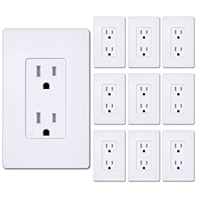 [10 Pack] BESTTEN Decorator Wall Receptacle, Tamper Resistant Outlet, 15A/125V/1875W, Screwless Wall Plate Included, UL Listed, Snow White