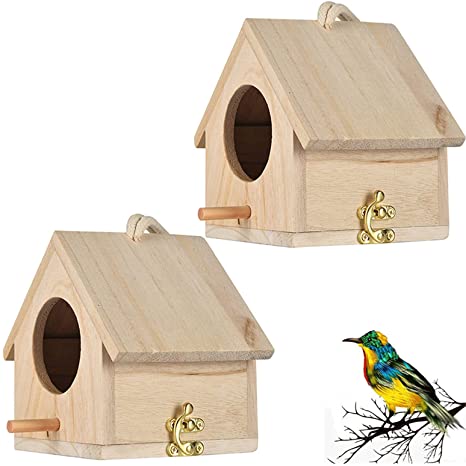 kathson Wooden Bird House for Outdoor Hanging, Natural Birdhouse Garden Patio Decoration Bird Nest Ideal for Hummingbird Wren Finch Sparrow Swallow(2 Pack)