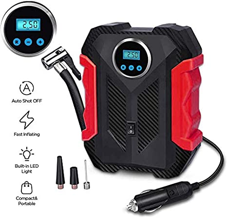 Awindshade Portable Air Compressor for Car Tires, Portable Digital Car Tire Inflator, 12V DC with Emergency LED Flashlight for Cars, Motorcycles, Bikes (Red)